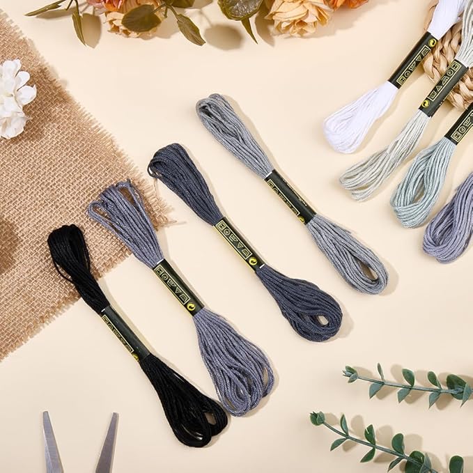 8 Skeins Embroidery Thread Friendship Bracelets String Cross Stitch Threads Cotton Floss Yarn 6 Ply 65yard 1.2mm for DIY Jewelry Making Sewing Needlework Knitting Stitching Craft Supply Gray