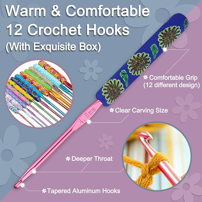 Coopay Warm Crochet Hooks Plus for Crochet Gifts, 12PCS 2mm-8mm(B-L) Crochet Kit Crochet Hook Set Ergonomic Grip Crochet Needles for Crocheting Art Yarn Craft,Precious Knitting & Crochet Supplies
