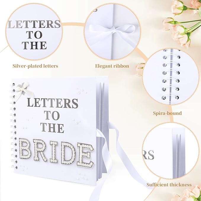 Mioxskrey Letters To The Bride Scrapbook Wedding Bridal DIY Blank Paper Memory Scrapbook Wedding Albums Supplies with Pearl Stickers, Bows, Metallic Letters, Flower Stickers, Tweezers, 8x8 Inch, White