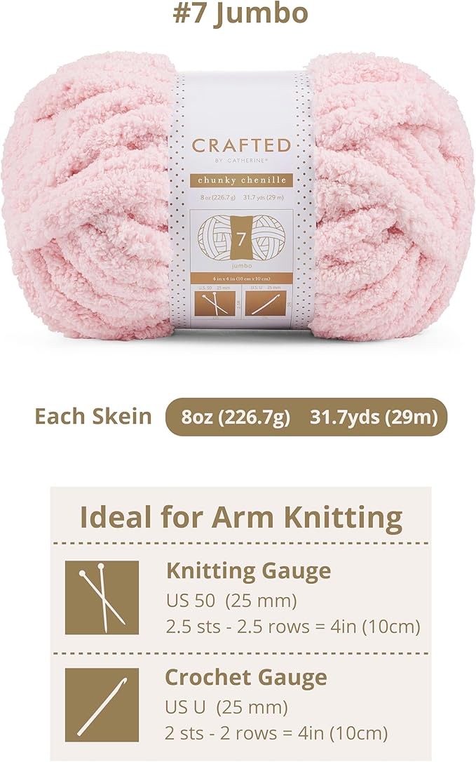 Crafted By Catherine Chunky Chenille Yarn - 2 Pack (8 oz / 227 g, 31.7 Yards Each Skein), Light Pink, Gauge 7 Jumbo
