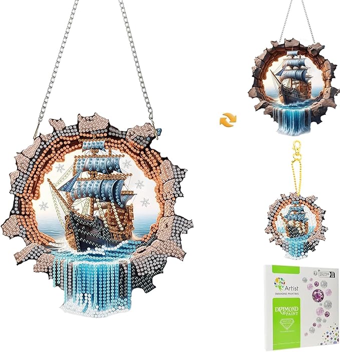Masendp Hanging Diamond Art Decoration Kit 5D Diamond Painting Kit, DIY Ocean Sailboat Themed Diamond Art Kit Suitable for Beginners, Adults, Home Wall and Garden Decoration