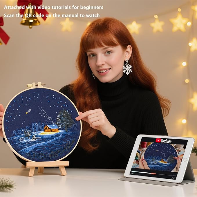 Christmas Embroidery Kits for Beginners Adults, Winter Hand Embroidery Starter Kits, Christmas Cross Stitch Kits for Beginners Needlepoint DIY Kits for Adults, Embroidery Hoop, Thread & Video Tutorial