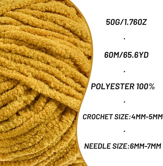 Fluffy Velvet Yarn for Crocheting，Baby Blanket Yarn for Crocheting Soft，50g(65.6yds) Amigurumi Yarns，Plush Chenille Crochet Yarns，Puzzle Yarn for Crochet Weaving Craft(Turmeric)