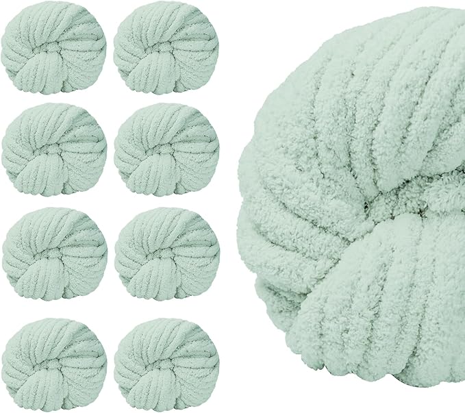 SUNTQ 8 Pack Chunky Chenille Yarn for Crocheting, Bulky Thick Fluffy Yarn for Hand Knitting Blanket, Soft Plush Knitting Yarn for Cushions, Pet Bed,Home Decor, Mint Green(32 yds,8.8 oz Each Skein)