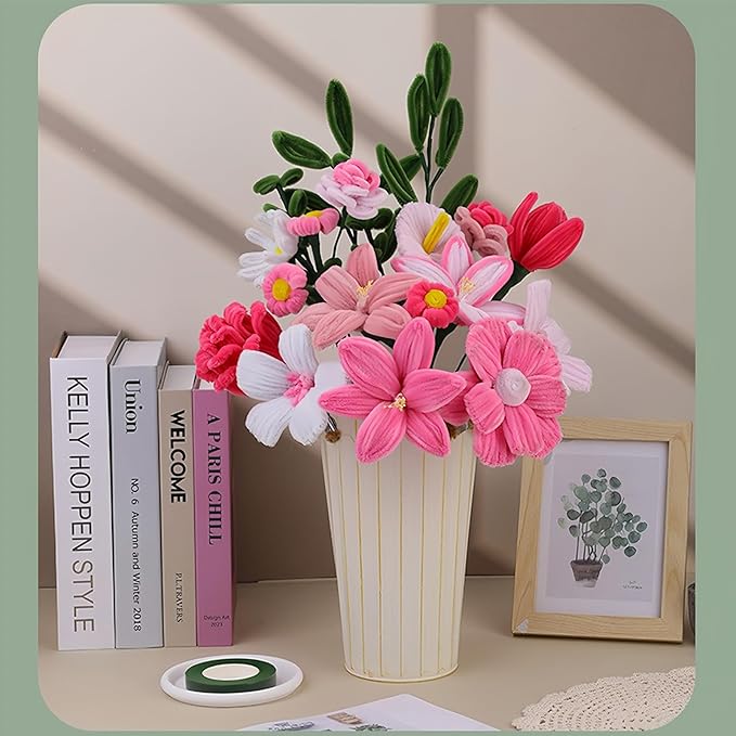 HUEYTON 450Pcs Pipe Cleaners Pink Flower Bouquet Craft Kit, Assorted Pink Chenille Stems for DIY Art, Ideal for Party Decor, Home Accents & Handmade Gifts