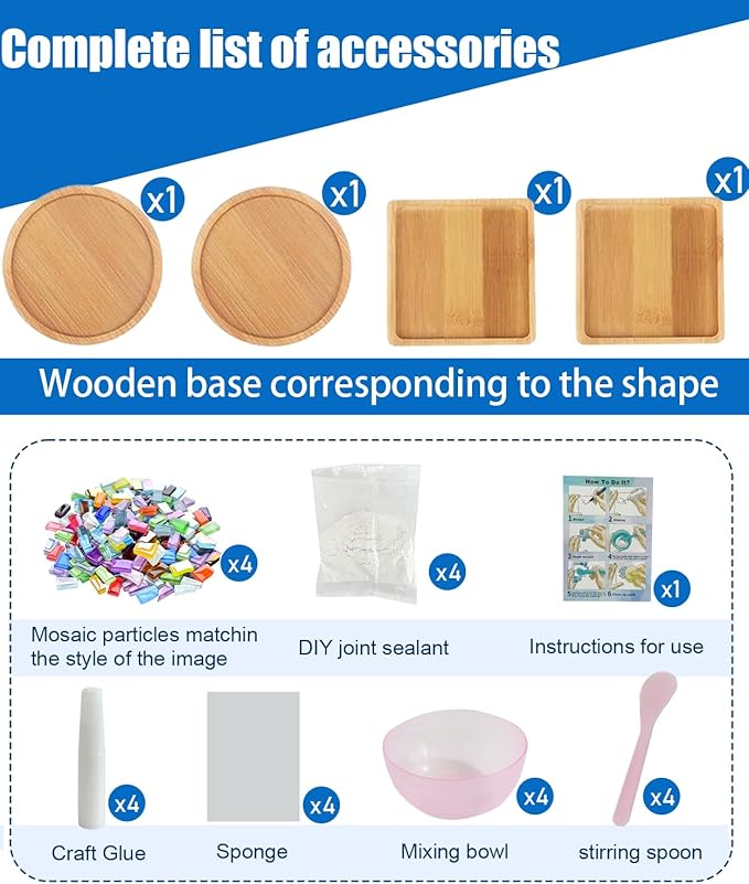 4 Sets DIY Mosaic Kits for Adults with Wooden Coasters, Mixed Color Glass Mosaic Tiles Craft Kits for Adults Women, Complete Mosaic Coaster Making Kit for Home Decor Gifts (4, Crystal Sand)