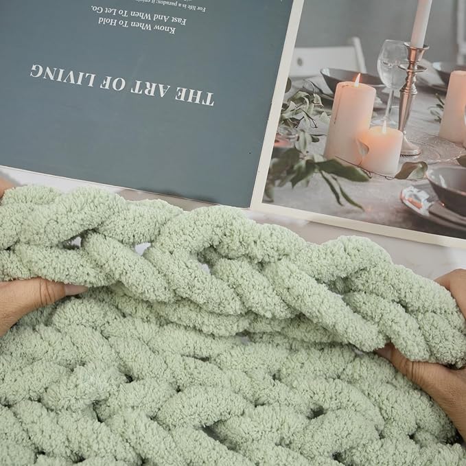 Chunky Chenille Yarn for Hand Knitting and Blankets, Super Soft Jumbo Yarn Pack for Crocheting, Bulky DIY Projects, 8 Skeins (Sage Green)