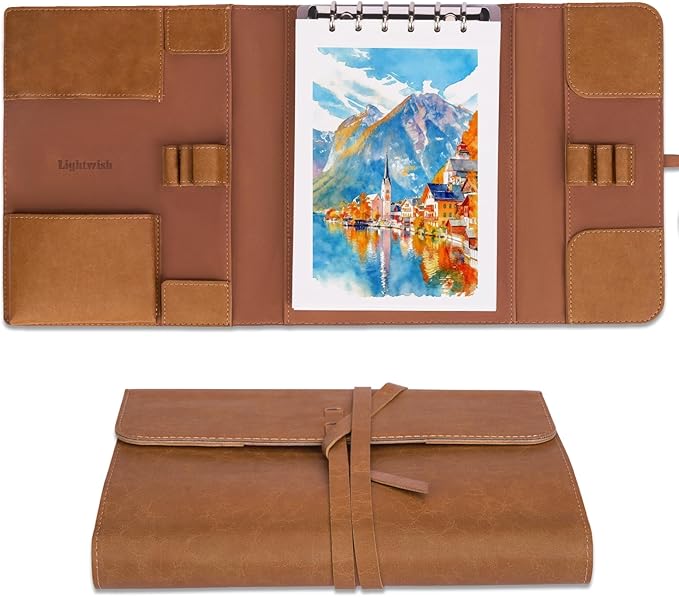 LIGHTWISH Watercolor Pad - A5 20 Sheets 100% Cotton 300GSM Cold Press Paper | Detachable with Backing Board | All-in-One Travel Watercolor Journal with Brush Holders & Storage Pockets