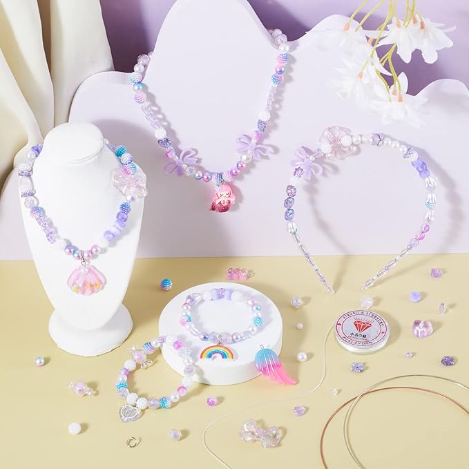 FASHEWELRY 876Pcs Purple Acrylic Pony Beads Cute Gummy Beads Kawaii Clear Beads Assorted Star Heart Bowknot Beads Bulk for Bracelets Necklaces Hair Band Jewelry Making