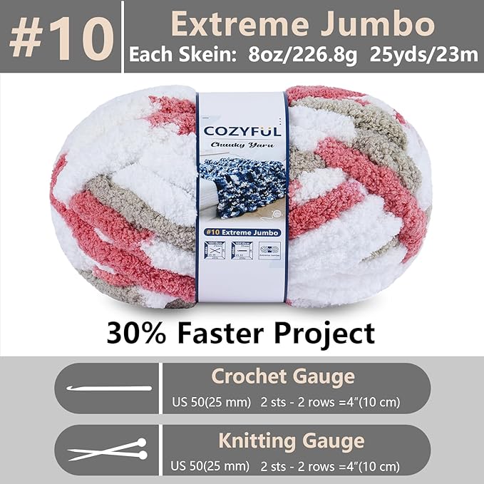 Chunky Yarn for Hand Knitting - #10 Chunky Chenille Blanket Yarn, Jumbo Big Thick Chunky Yarns for Crocheting, Tie Dye Bulky Knit Yarns, 8 Skein (25 yds 8 oz Each Skein), Khaki & Rose & White