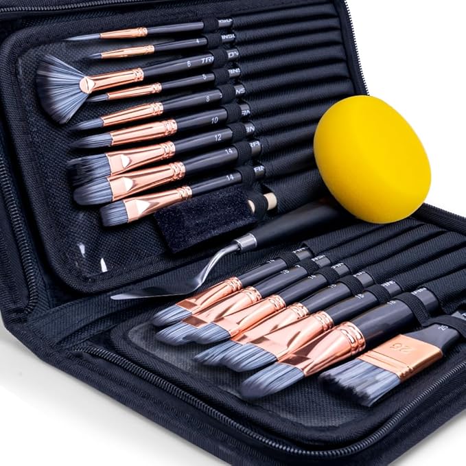 Transon Art Paint Brush Kit 16 Paint Brushes with Foam Brush Sponge Spatula and Art Case for Oil, Acrylic, Watercolor, Gouache, Painting Black Color