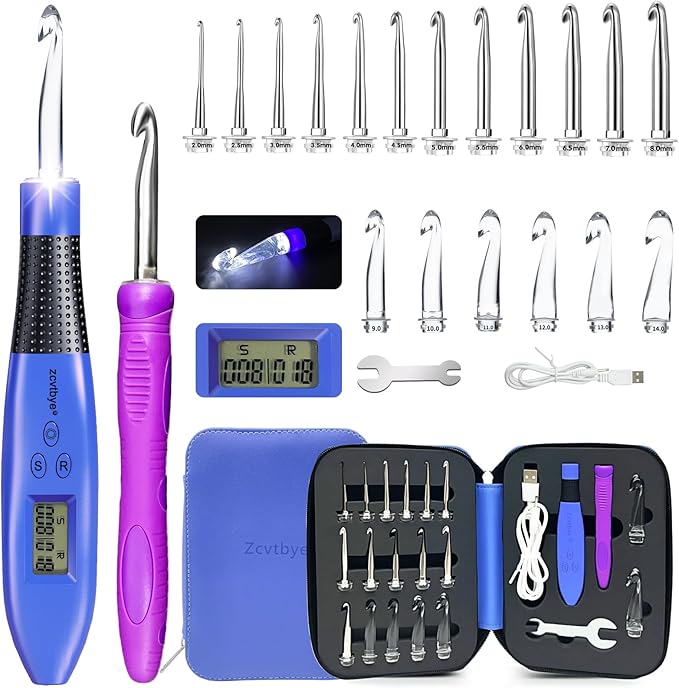 18 Size Light Up Crochet Hook Set with Digital Counter, Ergonomic Crochet Hooks for Arthritic Hands, 2.0–14.0mm Interchangeable Crochet Hooks with Case, Rechargeable and Beginner-Friendly