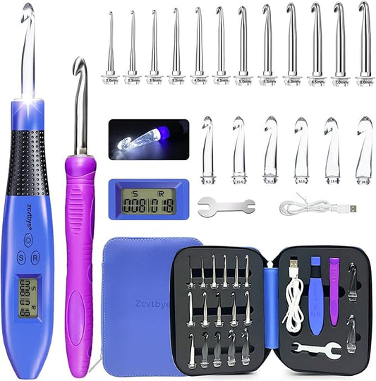 18 Size Light Up Crochet Hook Set with Digital Counter, Ergonomic Crochet Hooks for Arthritic Hands, 2.0–14.0mm Interchangeable Crochet Hooks with Case, Rechargeable and Beginner-Friendly