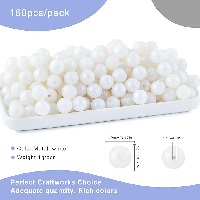 160Pcs 12mm Silicone Beads for Keychain Making Bracelet Necklace, Bulk Round Silicone Beads for Pens（Metall White）