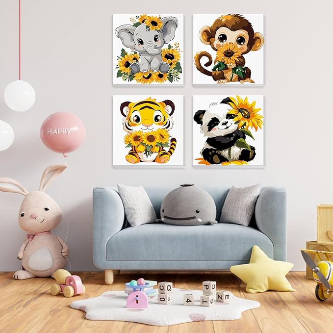 4 Pack Paint by Number for Kids with Wooden Frame, Cartoon Paint by Numbers for Kids Ages 8-12, Elephant, Monkey, Tiger, Panda, DIY Acrylic Oil Painting for Beginners for Home Wall Decor 8X8 inch