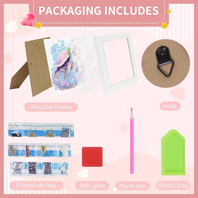 FlyingMage 5D Diamond Art Painting Kits with Wooden Frame, Cute DIY Diamond Art Mosaic Kits for Adults Women Teen, Kawaii Diamond Crafts Arts Full Drill Diamond Dots (White Turtle)