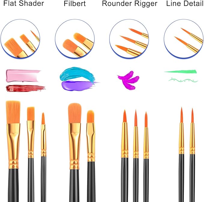 ESRICH Acrylic Paint Brushes Set, 16Packs/160Pcs, Nylon Brush Head, Suitable for Acrylic,Oil,Watercolor,Rock Body Face Nail Art,Perfect Suit of Art Painting,Best Gift for Kids Adult Drawing(Black)
