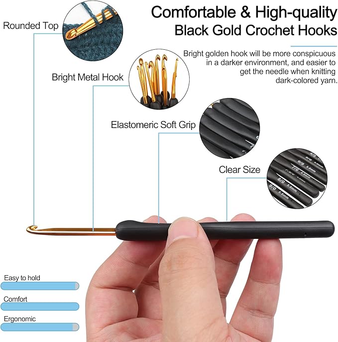 Coopay Black Gold Crochet Hooks Needles for Arthritic Hands, 2.0-6.0mm Crochet Hook Set Ergonomic Soft Grips Knitting Hook for Crochet Yarn Craft, Aluminum Knitting Crocheting Supplies Kit for Knitter