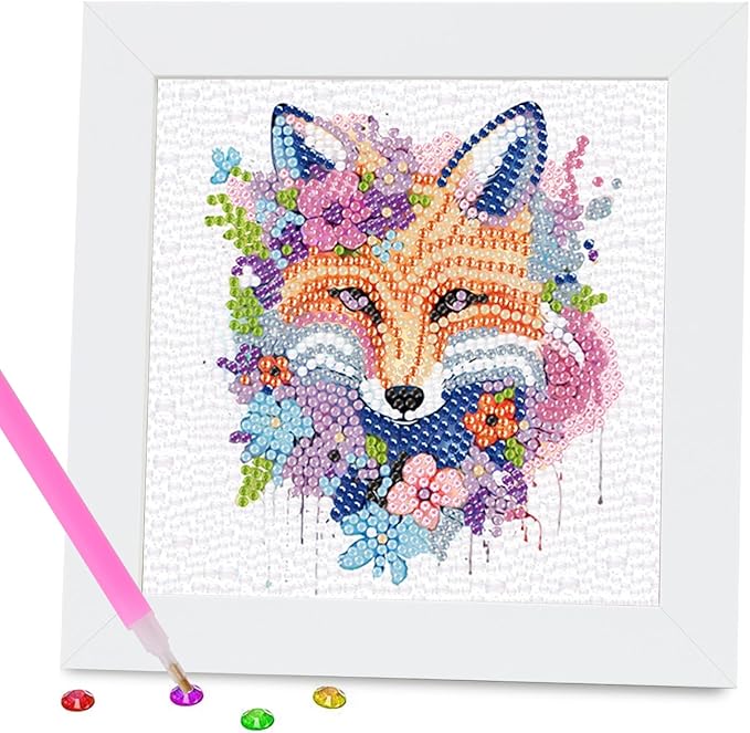 FlyingMage 5D Diamond Art Painting Kits with Wooden Frame, Cute DIY Diamond Art Mosaic Kits for Adults Women Teen, Kawaii Diamond Crafts Arts Full Drill Diamond Dots (White Fox)