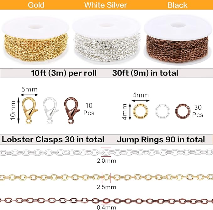 jishi 30ft jewelry making chains bulk 2mm necklace chains for jewelry making supplies, diy craft earring bracelet making findings, 3-colors gold silver copper plated metal rolo cable link chain rolls