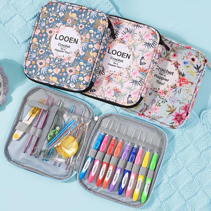 Crochet Hook Case,Portable Zipper Storage Organizer Bag for Crochet Hooks, Knitting Needles, Project & Sewing Supplies, Lightweight,Easy to Hold (No Accessories Included).Blue Summer Flower