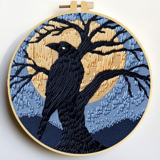 Punch Needle Kits Black Raven on Black Tree Under Moon DIY Embroidery Starter Set with Hoop Easy for Beginners Stress Relief Handmade Craft Hobby and Home Decor 20x20cm-3