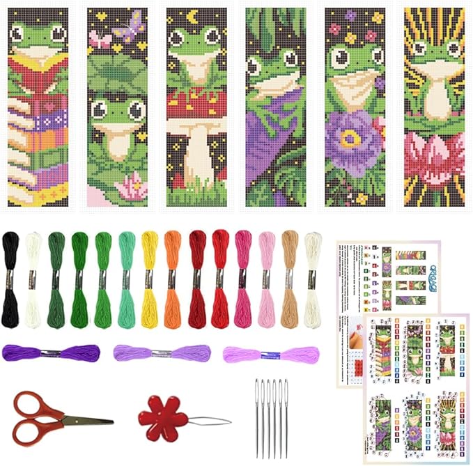 ORIGACH 6 Set Frog Cross Stitch Bookmark Kit for Beginner with Backing Felt Floss Instructions DIY Stamped Embroidery Bookmark Kit for Adults, Book Lovers