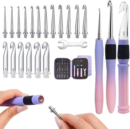 Lewhoo 18 Size Interchangeable Crochet Hooks 2.0mm(B)-14.0mm(P), Ergonomic Crochet Hooks Set for Beginner with 3 Spiral Handles, Gradient Purple