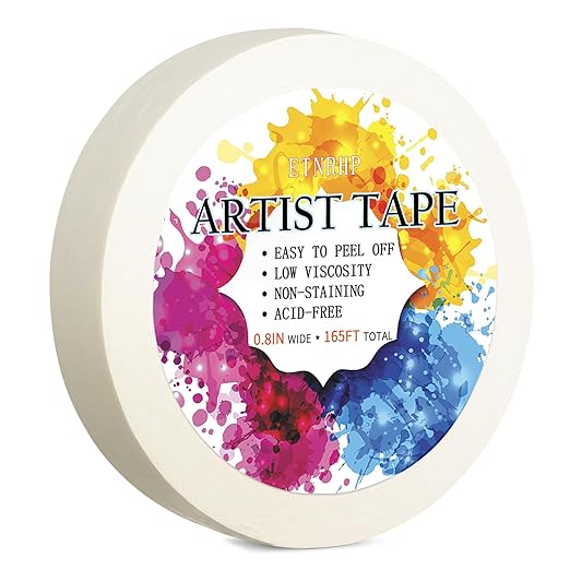 White Artist Tape for Watercolor Paper Drafting Art Low Tack Masking Tape Acid Free Painter Watercolor Tape for Painting Canvas Framing, 0.8 inch Wide 165FT Long Total