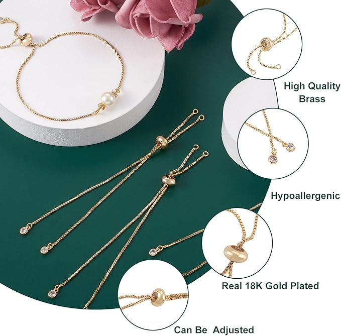 FASHEWELRY 20 Strands Adjustable Brass Bracelet Slider Extender Chains with Rhinestone Ends 4.72-4.96 Inch Real 18K Gold Plated for DIY Jewelry Making