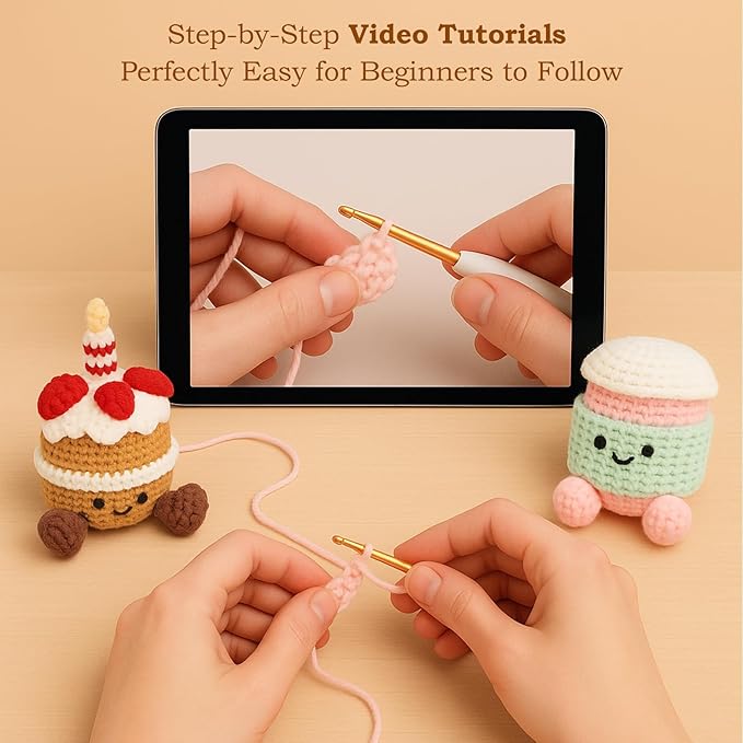 HOUSE CREATIVITY Crochet Kit for Beginners – Create a Cute Cake & Coffee Scene, Amigurumi Crochet Starter Kit with Video Tutorial, Yarn & Hook, DIY Dessert Desk Decor for Coffee Lovers