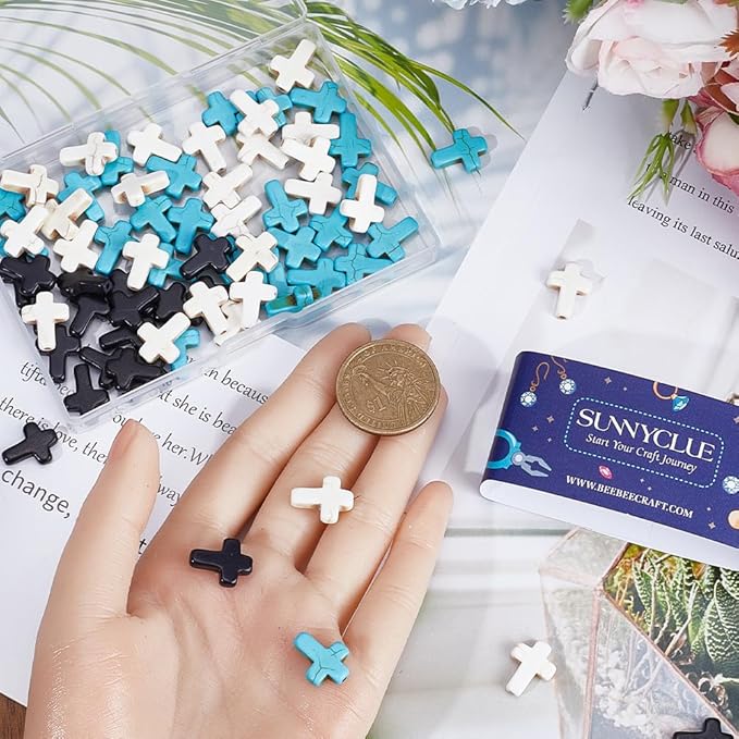 SUNNYCLUE 1 Box 90Pcs Cross Beads Bulk Black White Blue Synthetic Turquoise Pocket Crosses 16x12mm Mini Small Stone Cross Beads Easter Holiday Cross Loose Spacer Beads for Jewelry Making Beading Kits