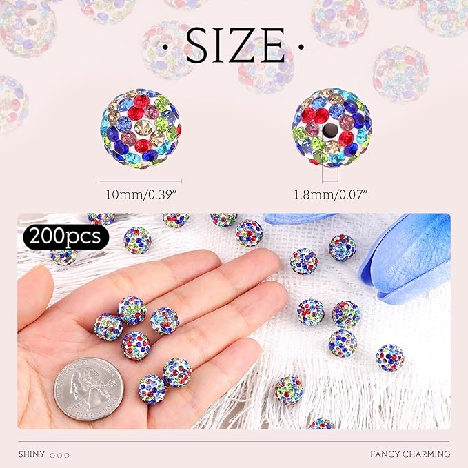 200pcs 10mm White Mixed Rhinestone Beads for Jewelry Making, Shiny Round Shamballa Disco Ball Beads, Sparkle Crystal Clay Christmas for Bracelet Baseball Necklace Earring Crafting and DIY