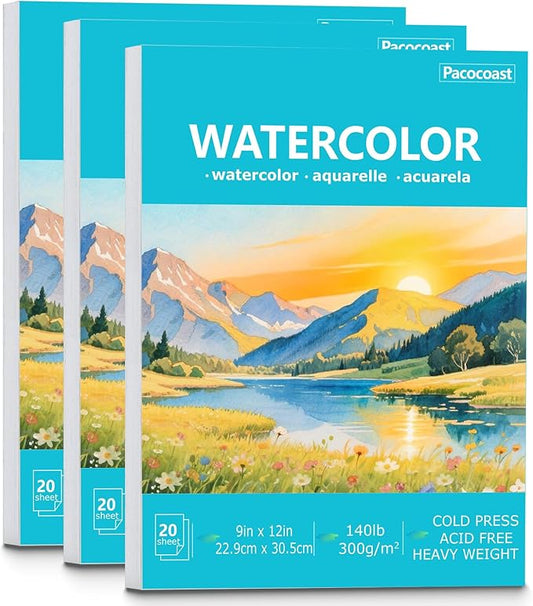 Pacocoast 9"X12" Watercolor Paper - Pack of 3 (60 Sheets), Bulk School Supplies for Arts & Crafts Water Color Pads for Finger Paint, Artist Sketch Coloring Painting Drawing Book Paper, Teal