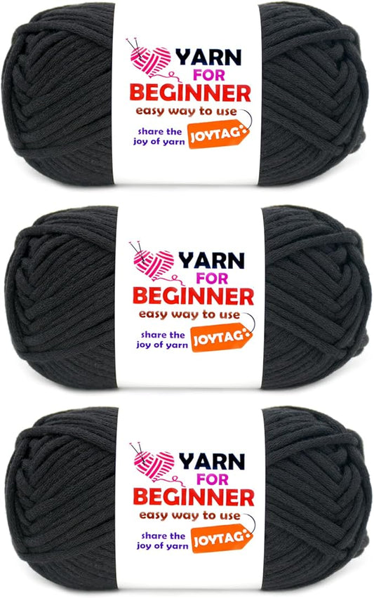 Black Yarn for Crocheting and Knitting Cotton Crochet Knitting Yarn for Beginners with Easy-to-See Stitches Cotton-Nylon Blend Easy Yarn for Beginners Crochet Kit(3x50g)