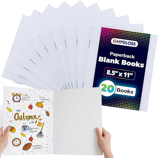 hygloss blank books - bulk 20 pack – 8.5" x 11" a4 white paperback blank books for kids to write stories, doodle, arts & crafts – plain drawing sketchbook, unlined journal, notebook without lines