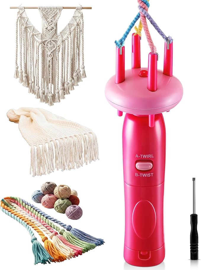 Gulfmew Portable Cord Maker & Fringe Twister, Handheld Yarn Crafting Tool for DIY Macrame & Knotting, Lightweight & Beginner-Friendly, Twisting Tassels in Seconds for Scarves(Pink)