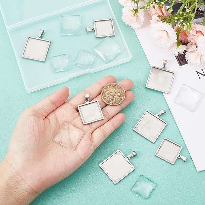 SUNNYCLUE 1 Box 20Pcs Pendant Tray Set Blank Bezel Pendant Trays Stainless Steel Charm Blanks Cabochon Settings Cabochon Bezels for Jewelry Making DIY Findings Supplies
