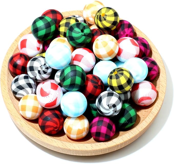 48Pcs 15mm Plaid Silicone Beads Bulk Flower Focal Silicone Beads for Keychain Making Necklace Jewelry DIY Bracelet Making Kit