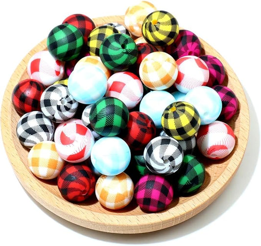 48Pcs 15mm Plaid Silicone Beads Bulk Flower Focal Silicone Beads for Keychain Making Necklace Jewelry DIY Bracelet Making Kit