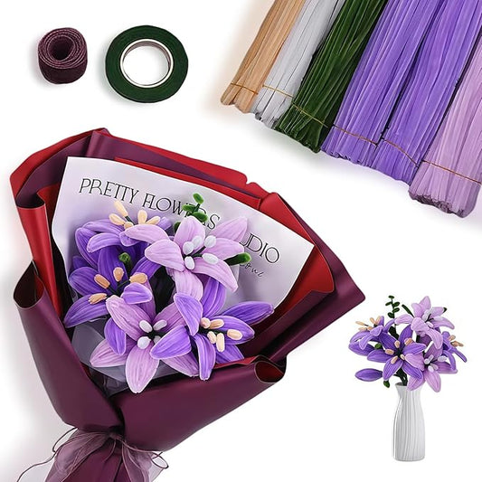 HUEYTON DIY Lily Bouquet Making Kit with 440pcs Pipe Cleaners, Purple - Themed Chenille Stems & Decorative Accessories, Perfect for Craft Projects, Party Decorations & Handmade Presents