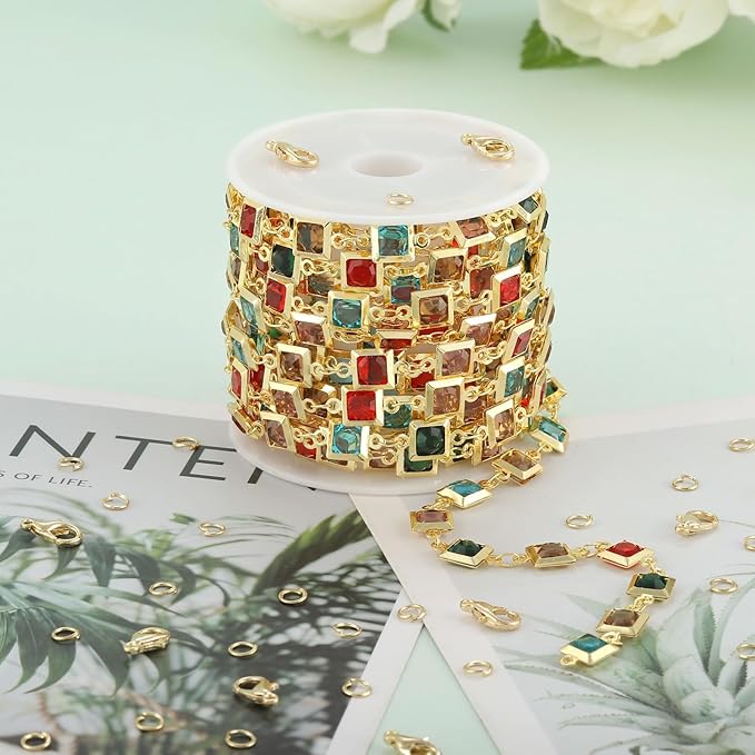 UMAOKANG 9.8 Feet 18K Gold Plated Brass Chains for Jewelry Making Colorful Square Rhinestone Jewelry Making Chain Decorative Craft Chain Roll