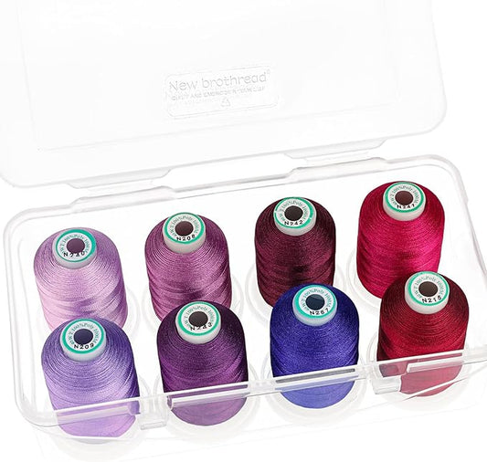 New brothread - 20 Options - 8 Snap Spools of 1000m Each Polyester Embroidery Machine Thread with Clear Plastic Storage Box for Embroidery & Quilting - Different Purple