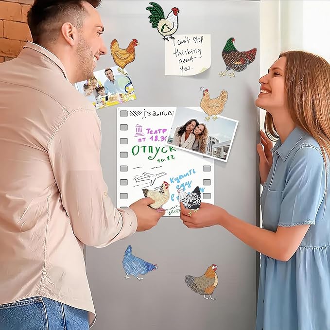 16 Pcs Chicken Diamond Painting Magnets Kits,Diamond Art Fridge Magnet Refrigerator Sticker Diamond Painting kit for Beginners Adults DIY Art Craft Gifts Home Decors (Chicken)