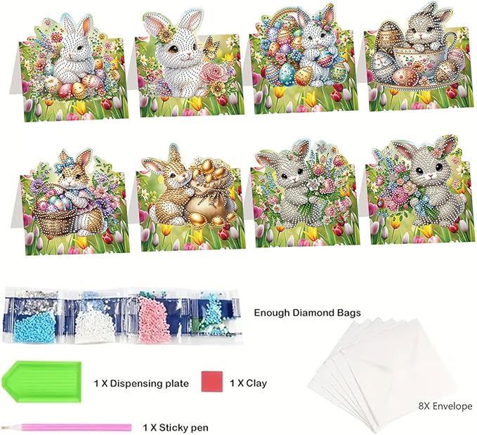 8 Pack 5D DIY Diamond Painting Greeting Card Kit, Diamond Art Greeting Card, Art Crafts Kit Creative Gift with Envelope (Easter Bunny B)