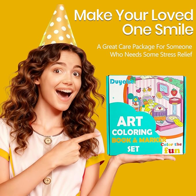 Cute Coloring Book Set for Teens Adults Relaxation, Easy and Simple Designs Coloring Book for Teens Girls, Stress Relief Gifts for Women with 36 Colors Markers & 12 Glitter Pens & 12 Colored Pencils