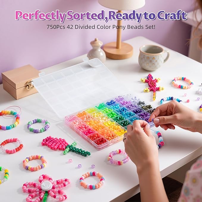 Simetufy 42 Colors Pony Beads, 750Pcs Rainbow Plastic Beads for Bracelet Making Hair Braiding DIY Crafts Kandi Jewelry Key Chains Christmas Gifts