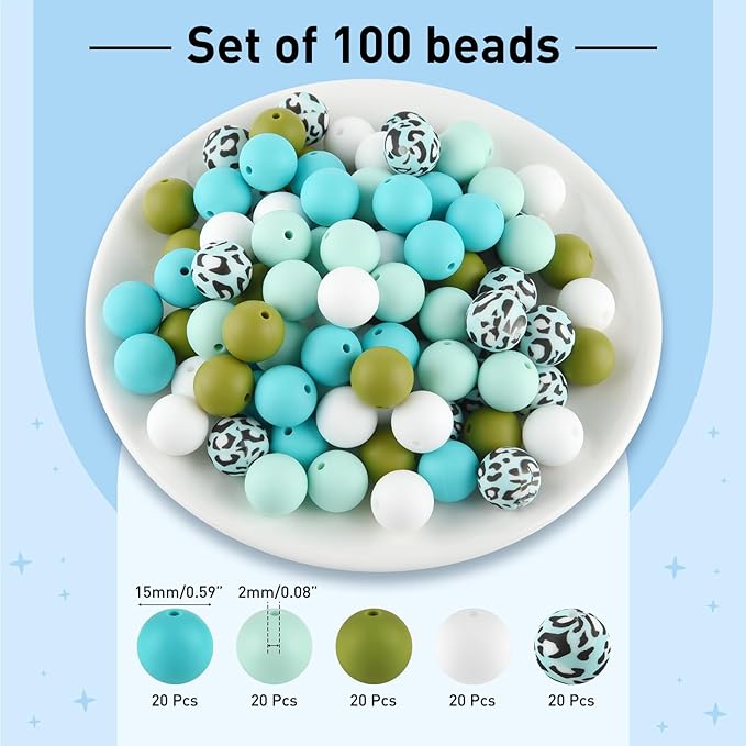 ASTARON 100 Pcs 15mm Silicone Beads for Keychain Making, Cyan Blue White Silicone Beads Bulk Round Beads for Bracelets Pens Crafts Supplies