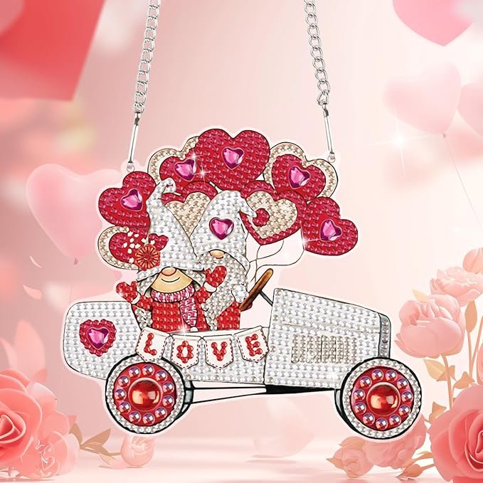 Wedding Car Diamond Art Hanging, DIY Acrylic Gemstone Pendant with Special Shaped Rhinestones, Love Gnome Diamond Painting Ornament for Wall, Door, or Home, Handmade Craft Gift for Valentine’s Day