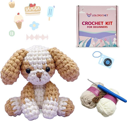 Cute Puppy Crochet Kit for Beginners, Learn to Crochet Animal Starter Set with Video Tutorial & Crocheting Manual, Easy Yarn Knitting Kit for Adult, Stuffed Dog Craft Doll Xmas Gift
